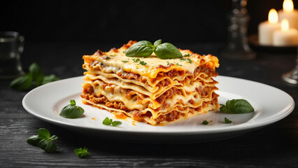 A cheese lasagna, perfectly portioned on a pristine white plate, set against the dark allure of a black wooden table