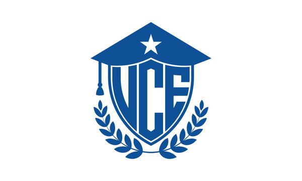 UCE three letter iconic academic logo design vector template. monogram, abstract, school, college, university, graduation cap symbol logo, shield, model, institute, educational, coaching canter, tech