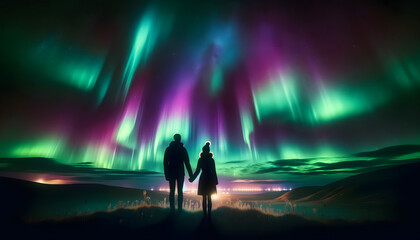 Naklejka premium a romantic scene featuring two people, a couple, standing hand in hand, gazing at the beautiful Northern Lights in the night sky