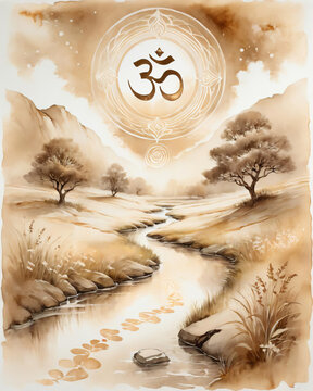 Divine Encounter - Young man with aura glow meditating with Om symbol in sepia tones by a quiet brook in a meadow Gen AI