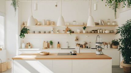 Modern Minimalist Kitchen Interior with Plants and Natural Light