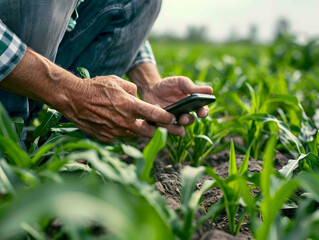 Obraz na płótnie Canvas Male farmer working in a corn field uses a smartphone to check plant records in an electronic crop database. An agronomist checks plants for parasites.
