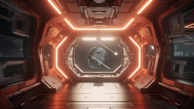 the observation bay of a space station. 3D render . Concept of modern interior spaceship design. seamless looping overlay 4k virtual video animation background 