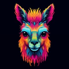 Colorful Art of Lama Head for T-shirt Isolated on Black Background. Generative AI