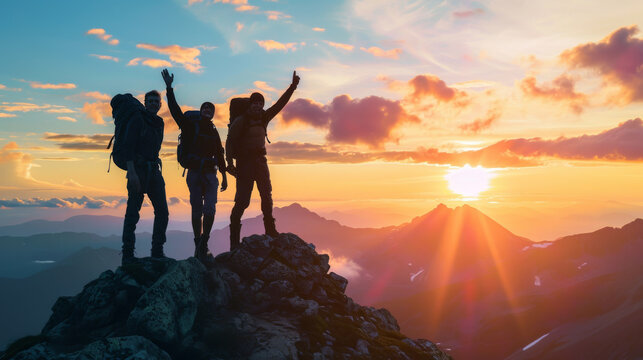 Silhouette photo group of 3 hikers raising arm happily at high mountain top showing success emotion. Teamwork successful target achievement winning concept photo.