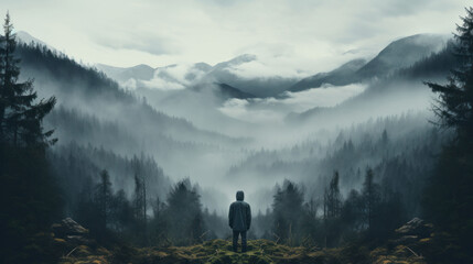 Mirror image of a person in a misty forest, creating a symmetrical and mysterious mood. - obrazy, fototapety, plakaty