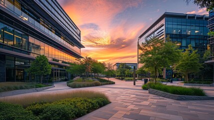 With the sky turning shades of pink and orange the office park is enveloped in a soft and dreamy...