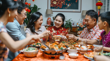 Group of multi generation Chinese family have dinner together on Chinese new year day. Chinese family visiting grandparent gather together have meal and celebrate Chinese new year. - Powered by Adobe