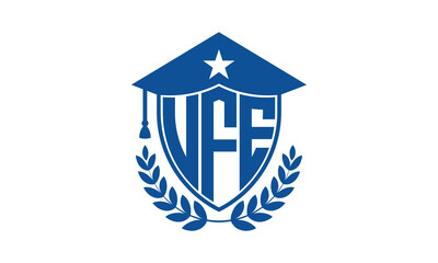 UFE three letter iconic academic logo design vector template. monogram, abstract, school, college, university, graduation cap symbol logo, shield, model, institute, educational, coaching canter, tech