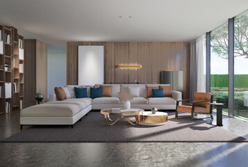 Naklejka na ściany i meble The modern luxury interior of the living room is bright and clean. 3D illustration