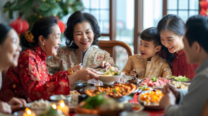 Group of multi generation Chinese family have dinner together on Chinese new year day. Chinese family visiting grandparent gather together have meal and celebrate Chinese new year.