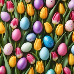 Fototapeta na wymiar Easter Eggs Tulips Bunnies Flat Lay, Banner Image For Website, Background, Desktop Wallpaper. 