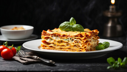 Fototapeta premium A cheese lasagna taking center stage on a clean white plate, situated on a glossy black wooden table and the mood and atmosphere created by this striking contrast