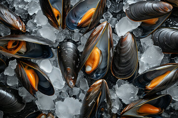Fresh mussels on crushed ice, perfect for seafood culinary concepts and fresh produce themes background