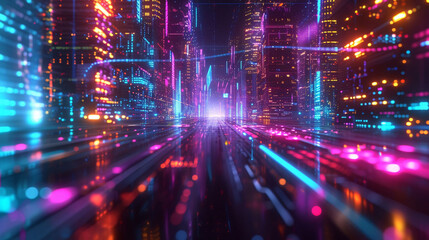 Fototapeta na wymiar Futuristic Cityscape with Neon Lights at Night