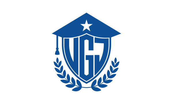 UGJ three letter iconic academic logo design vector template. monogram, abstract, school, college, university, graduation cap symbol logo, shield, model, institute, educational, coaching canter, tech