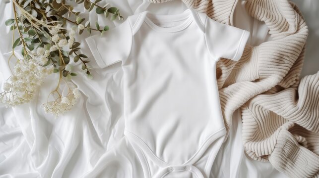 white baby onesie mockup, top view eucalypt leaves around