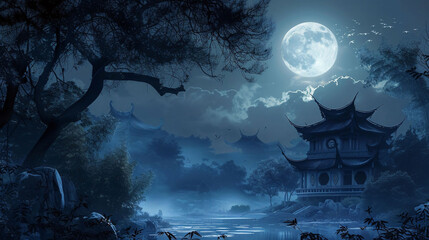 Moonlit Pagoda in a Misty Blue Forest Illustration