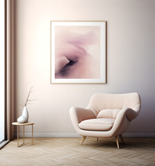 A sofa chair  with a pillow ,a flower vase are situated on a table and a frame is mounted on the wall ,wooden floor,pink,purple,window, curtains - obrazy, fototapety, plakaty