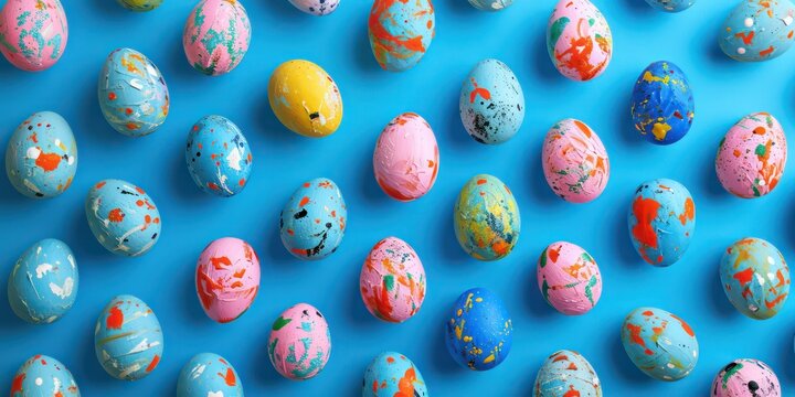 Artistic arrangement of Easter eggs, each delicately painted, set against a soft blue background pattern. 