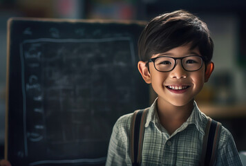 portrait of a school kid in uniform in front of blackboard