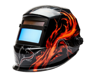 Construction Welding helmet red color isolated png background . Side helmet transparent white background 