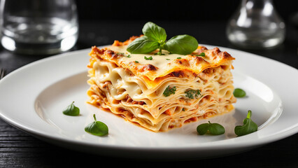Visual appeal of a cheese lasagna served on a pristine white plate, placed elegantly against the contrast of a sleek black wooden table
