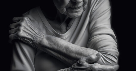 Obraz premium stylized black and white close-up artistic photo of a wrinkled old lady in chronic pain holding arm or shoulder