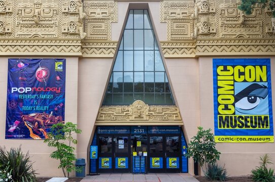 San Diego, California, USA - January 25, 2024: Comic Con Museum Building Entrance with Information Wall Posters in World Famous Balboa Park
