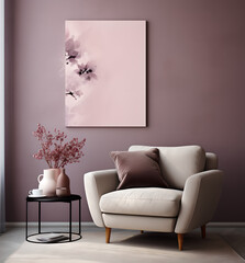 A sofa chair  with a pillow , a cup and a flower vase are situated on a table and a frame is mounted on the wall , mat  on the floor,pink,purple