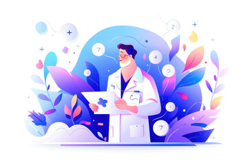 a 2D illustration of happy male healthcare worker on laptop