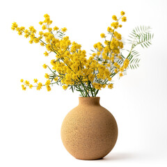 Bright yellow mimosa flowers arranged in a simple terracotta vase against a white background, symbolizing International Women's Day
