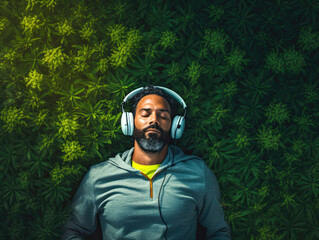 older black man lying down listening to music - Powered by Adobe