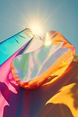 sun shines on floating colorful pastel translucent sheets of fabric