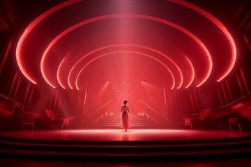 A woman stands on a stage illuminated by a red light.