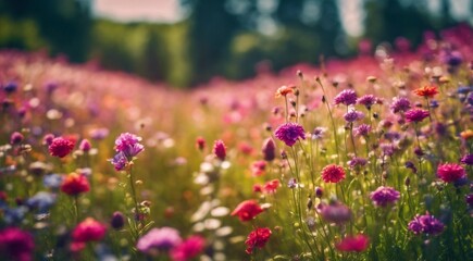 beautiful flower field, summer scene, beautiful flowers in the field, green nature, panoramic view