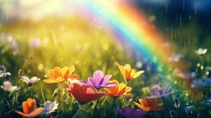 Vibrant wildflowers under a sunny rainbow in a rain-soaked meadow, displaying nature's contrast.