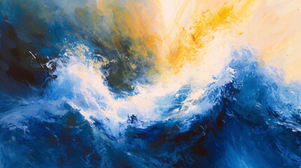 Abstract Ocean Wave Painting in Blue and Yellow