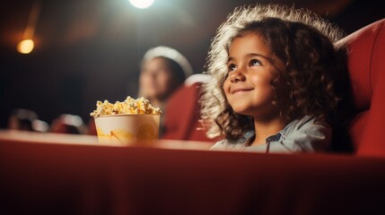 Obraz na płótnie Canvas Cheerful young girl enjoying a movie with a popcorn bucket in cinema.