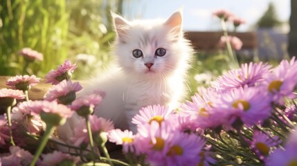 Naklejka na ściany i meble A fluffy white kitten sits surrounded by vibrant pink daisies in a sunny garden setting.