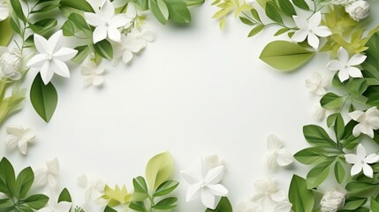 A fresh and elegant frame of white flowers and green leaves on a gentle green background.