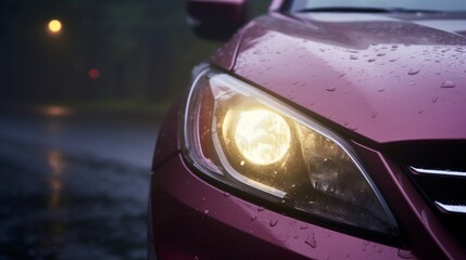 Fototapeta na wymiar Shiny purple car featuring bright headlights on a reflective wet road during a rainy night.