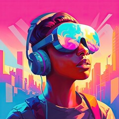 Illustration of young POC woman with headphones and vr headset gazing colorful metaverse cityscape