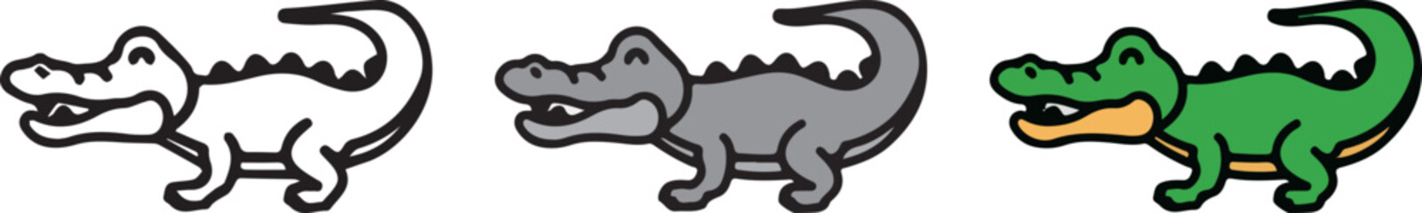 Cute Animal Crocodile, with 3 different styles, Black and White, Grey, and Outline Color.
