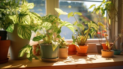 Assortment of lush indoor plants soaking up sunlight on a cozy windowsill.