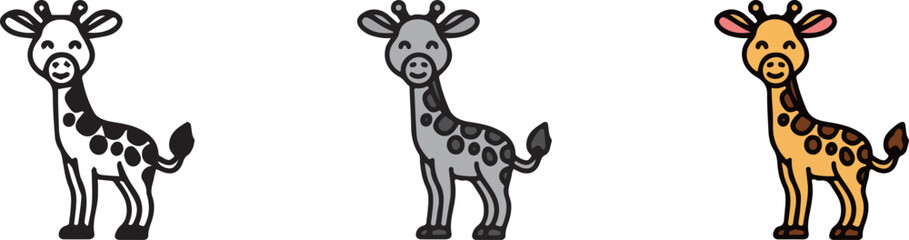 Cute Animal giraffe, with 3 different styles, Black and White, Grey, and Outline Color.