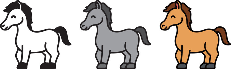 Cute Animal horse, with 3 different styles, Black and White, Grey, and Outline Color.