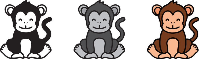 Cute Animal Monkey, with 3 different styles, Black and White, Grey, and Outline Color.