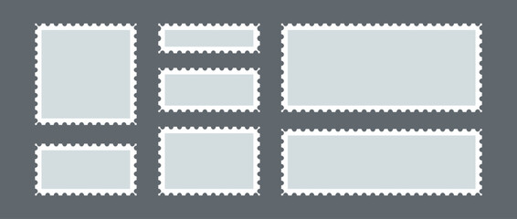 Postage stamp set. Post stamp frame or border. Light blue square and rectangular template for mail, postcard, letter. Jagged wavy edge forms. Vintage objects for poster, banner, badge, sticker. Vector