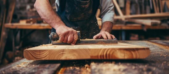 A carpenter is using a planer to smooth a wooden board in his workshop, representing carpentry and woodworking. - obrazy, fototapety, plakaty